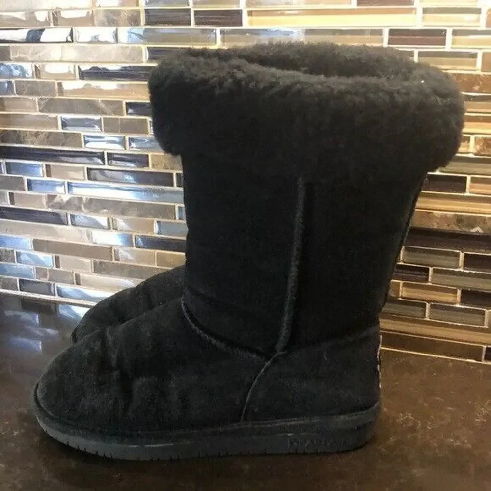 Bearpaw‎ Emma Tall Black Suede Sheepskin Fur Lined Winter Boots Womens Size 7